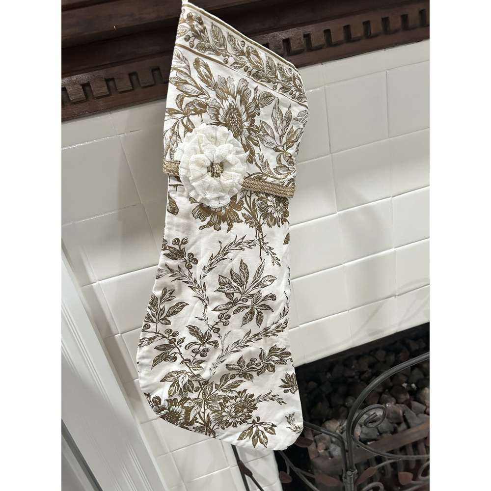 April Cornell Felicity Gold‎  Toile Floral Christmas Stocking Crocheted Flower